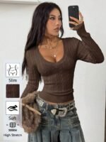 Elorivane Women Brown Vintage Sweater, Preppy Y2K Old Money Casual Fall Winter Pullover - Image 2