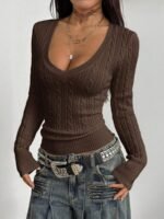 Elorivane Women Brown Vintage Sweater, Preppy Y2K Old Money Casual Fall Winter Pullover - Image 4