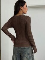 Elorivane Women Brown Vintage Sweater, Preppy Y2K Old Money Casual Fall Winter Pullover - Image 5
