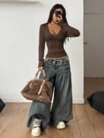 Elorivane Women Brown Vintage Sweater, Preppy Y2K Old Money Casual Fall Winter Pullover - Image 6