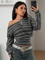 Elorivane Women Green Striped Asymmetrical Shoulder Top, Stretchy Long Sleeve Y2K Streetwear Tee - Image 9