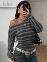 Elorivane Women Green Striped Asymmetrical Shoulder Top, Stretchy Long Sleeve Y2K Streetwear Tee - Image 11