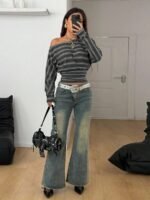 Elorivane Women Green Striped Asymmetrical Shoulder Top, Stretchy Long Sleeve Y2K Streetwear Tee - Image 13