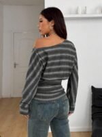 Elorivane Women Green Striped Asymmetrical Shoulder Top, Stretchy Long Sleeve Y2K Streetwear Tee - Image 14