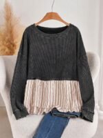 Elorivane Plus Size Contrast Striped Patchwork Tee, Washed Round Neck Long Sleeve Top, Spring Fall Casual Wear - Image 9