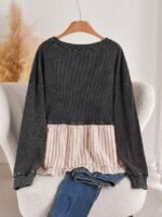 Elorivane Plus Size Contrast Striped Patchwork Tee, Washed Round Neck Long Sleeve Top, Spring Fall Casual Wear - Image 10