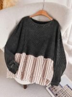 Elorivane Plus Size Contrast Striped Patchwork Tee, Washed Round Neck Long Sleeve Top, Spring Fall Casual Wear - Image 11