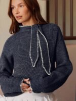 Elorivane Women Tie Neck Knit Sweater, Contrast Edge Long Sleeve Relaxed Country Concert Fall Top - Image 6
