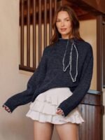 Elorivane Women Tie Neck Knit Sweater, Contrast Edge Long Sleeve Relaxed Country Concert Fall Top - Image 7