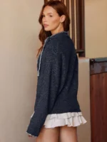 Elorivane Women Tie Neck Knit Sweater, Contrast Edge Long Sleeve Relaxed Country Concert Fall Top - Image 10