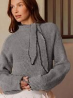 Elorivane Women Tie Neck Knit Sweater, Contrast Edge Long Sleeve Relaxed Country Concert Fall Top - Image 11
