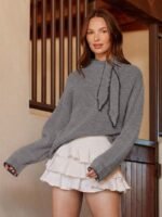 Elorivane Women Tie Neck Knit Sweater, Contrast Edge Long Sleeve Relaxed Country Concert Fall Top - Image 12