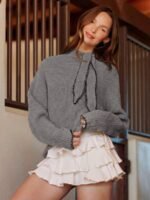 Elorivane Women Tie Neck Knit Sweater, Contrast Edge Long Sleeve Relaxed Country Concert Fall Top - Image 13