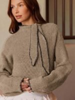 Elorivane Women Tie Neck Knit Sweater, Contrast Edge Long Sleeve Relaxed Country Concert Fall Top - Image 16