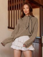 Elorivane Women Tie Neck Knit Sweater, Contrast Edge Long Sleeve Relaxed Country Concert Fall Top - Image 17