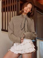 Elorivane Women Tie Neck Knit Sweater, Contrast Edge Long Sleeve Relaxed Country Concert Fall Top - Image 18