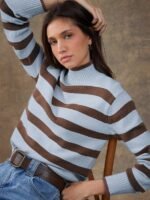 Elorivane Women Brown & Cream Striped Turtleneck Sweater, Long Sleeve Relaxed Country Style Fall Winter Rodeo Top - Image 8