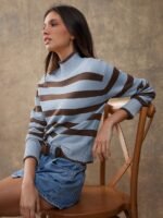 Elorivane Women Brown & Cream Striped Turtleneck Sweater, Long Sleeve Relaxed Country Style Fall Winter Rodeo Top - Image 10