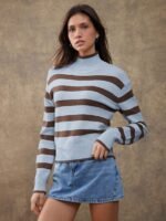 Elorivane Women Brown & Cream Striped Turtleneck Sweater, Long Sleeve Relaxed Country Style Fall Winter Rodeo Top - Image 13