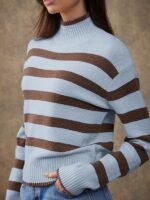Elorivane Women Brown & Cream Striped Turtleneck Sweater, Long Sleeve Relaxed Country Style Fall Winter Rodeo Top - Image 14