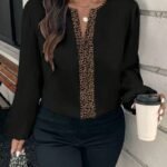 Elorivane Plus Size Leopard Print Contrast Collar V-Neck Shirt Loose Long Puff Sleeve for Winter Casual Commute Formal Evening Wear