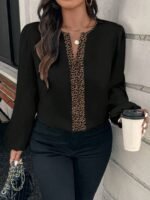 Elorivane Plus Size Leopard Print Contrast Collar V-Neck Shirt Loose Long Puff Sleeve for Winter Casual Commute Formal Evening Wear