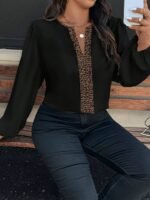 Elorivane Plus Size Leopard Print Contrast Collar V-Neck Shirt Loose Long Puff Sleeve for Winter Casual Commute Formal Evening Wear - Image 3