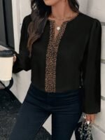 Elorivane Plus Size Leopard Print Contrast Collar V-Neck Shirt Loose Long Puff Sleeve for Winter Casual Commute Formal Evening Wear - Image 5
