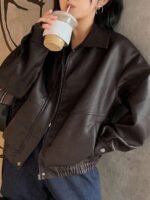 Elorivane Plus Size PU Leather Moto Jacket, Solid Lapel Loose Autumn Winter Outerwear - Image 11