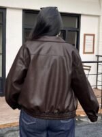 Elorivane Plus Size PU Leather Moto Jacket, Solid Lapel Loose Autumn Winter Outerwear - Image 12