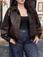 Elorivane Plus Size PU Leather Moto Jacket, Solid Lapel Loose Autumn Winter Outerwear - Image 13