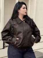 Elorivane Plus Size PU Leather Moto Jacket, Solid Lapel Loose Autumn Winter Outerwear - Image 14