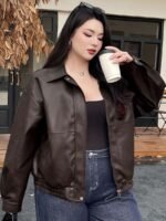 Elorivane Plus Size PU Leather Moto Jacket, Solid Lapel Loose Autumn Winter Outerwear - Image 15