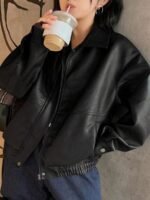 Elorivane Plus Size PU Leather Moto Jacket, Solid Lapel Loose Autumn Winter Outerwear - Image 17