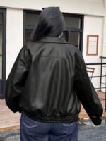 Elorivane Plus Size PU Leather Moto Jacket, Solid Lapel Loose Autumn Winter Outerwear - Image 18