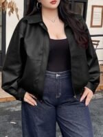 Elorivane Plus Size PU Leather Moto Jacket, Solid Lapel Loose Autumn Winter Outerwear - Image 19