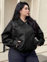 Elorivane Plus Size PU Leather Moto Jacket, Solid Lapel Loose Autumn Winter Outerwear - Image 20