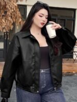 Elorivane Plus Size PU Leather Moto Jacket, Solid Lapel Loose Autumn Winter Outerwear - Image 21