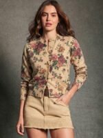 Elorivane Women Floral Jacquard Cardigan, Crewneck Button Front Relaxed Long Sleeve Western Cowgirl Fall Winter Knit Top