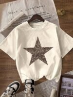 Elorivane Women's Leopard & Star Graphic Tee, Round Neck Casual Short Sleeve Summer T-Shirt - Image 12