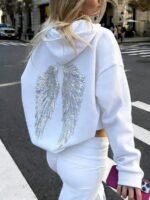 Elorivane Women's Light Grey Angel Wings Sweatshirt, Sequin Embroidery Y2K Dropped Shoulder Fall - Image 18