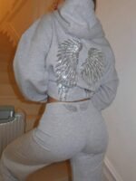 Elorivane Women's Light Grey Angel Wings Sweatshirt, Sequin Embroidery Y2K Dropped Shoulder Fall - Image 29