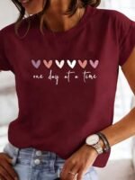 Elorivane Plus Size Light Blue Round Neck T-Shirt "One Day At A Time" Heart Print Soft Polyester for Summer Vacation Smart Casual Wear - Image 17