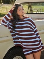 Elorivane Women Striped Knit Sweater, Crew Neck Long Sleeve Oversized Western Cowgirl Fall Winter Festival Top - Image 4