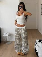 Elorivane Women Olive Green Plaid Cargo Pants, Wide Leg Fold Waist Y2K Hip Hop Trousers - Image 12