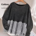 Elorivane Plus Size Contrast Striped Patchwork Tee, Washed Round Neck Long Sleeve Top, Spring Fall Casual Wear
