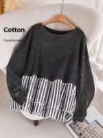 Elorivane Plus Size Contrast Striped Patchwork Tee, Washed Round Neck Long Sleeve Top, Spring Fall Casual Wear