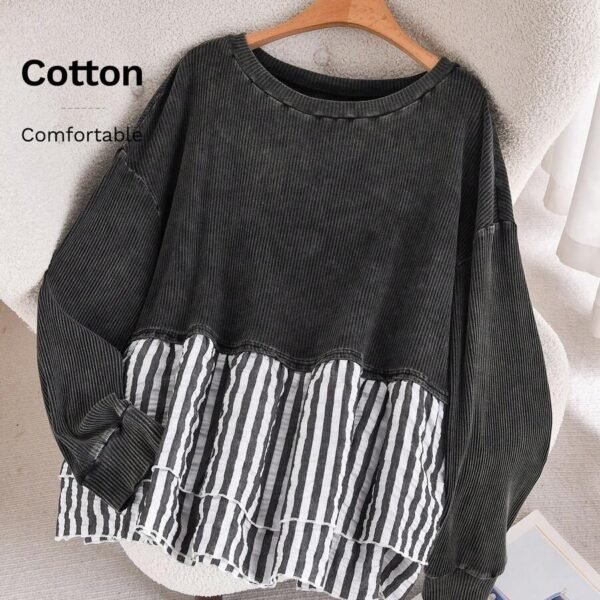 Elorivane Plus Size Contrast Striped Patchwork Tee, Washed Round Neck Long Sleeve Top, Spring Fall Casual Wear