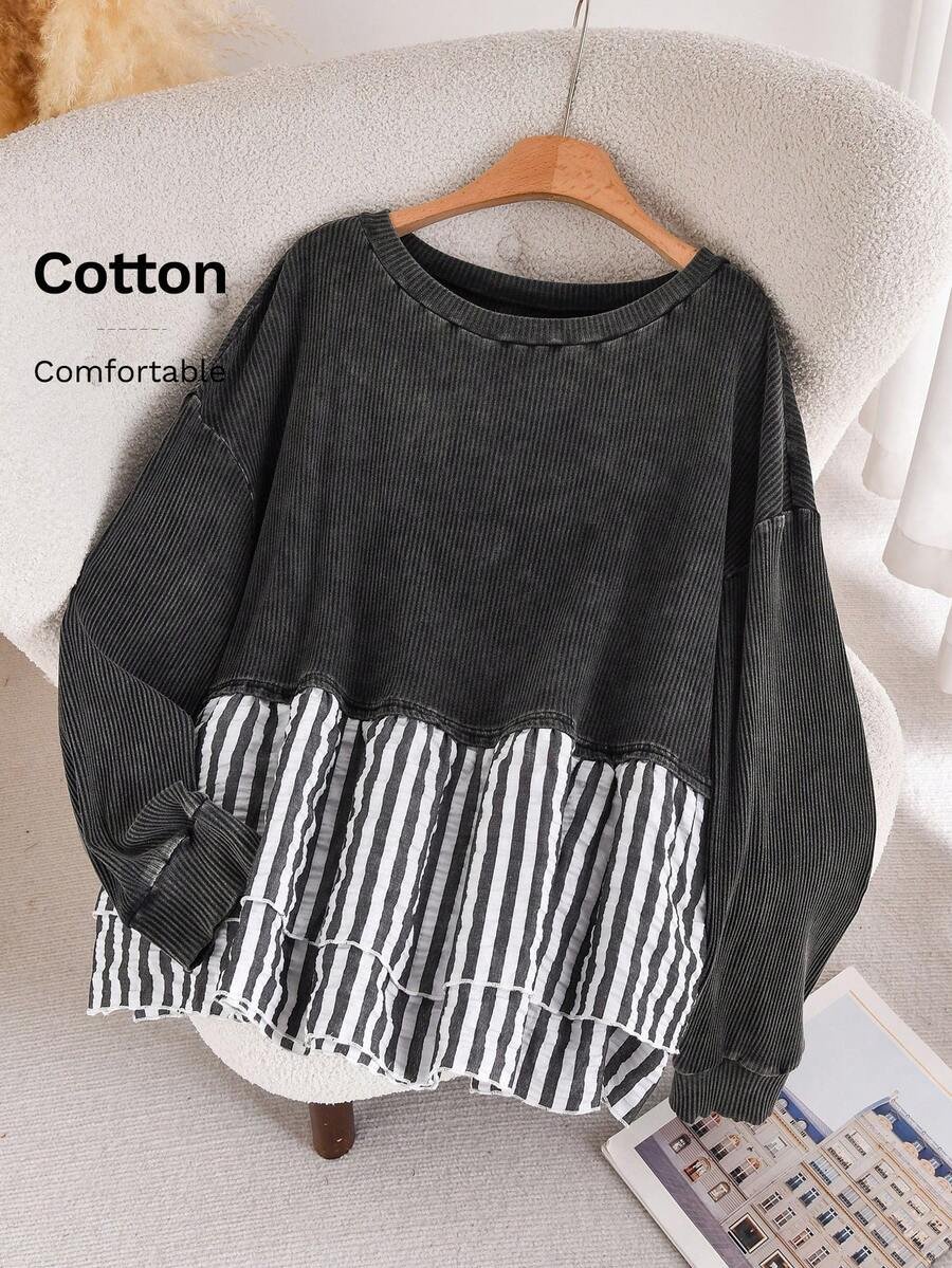 17690759945f499f341aaa1c83778ffe9231953c5f_thumbnail_900x Elorivane Plus Size Contrast Striped Patchwork Tee, Washed Round Neck Long Sleeve Top, Spring Fall Casual Wear - Image 1