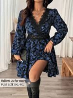 Elorivane Plus Size Ditsy Floral Dress, Lace Trim Lantern Sleeve Boho Outfit, Autumn Beach Holiday Wear - Image 8